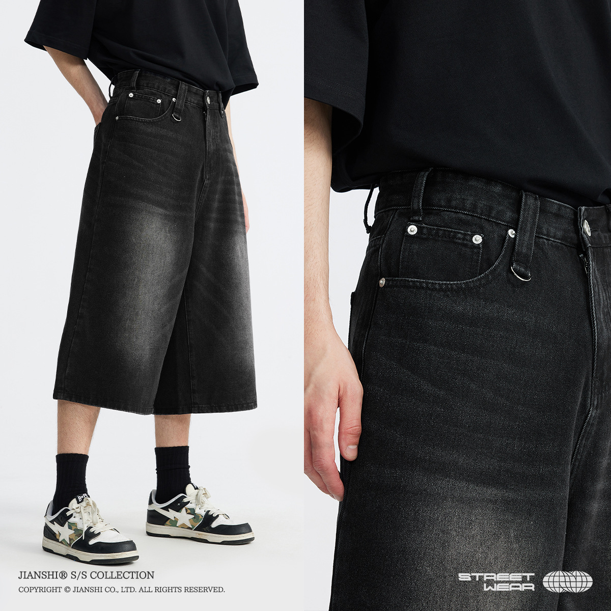 See Denim | Seven-point Washed Wide-leg Jeans Men's New American Fashion Brand Street Personality Straight Shorts