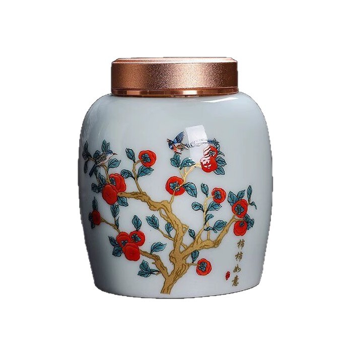 Alloy Lid Tea Can Ceramic Small Can Persimmon Persimmon Ruyi Storage Can Small Tea Storage Can Plaster Medicine Can Moisture-Proof Ceramic Can