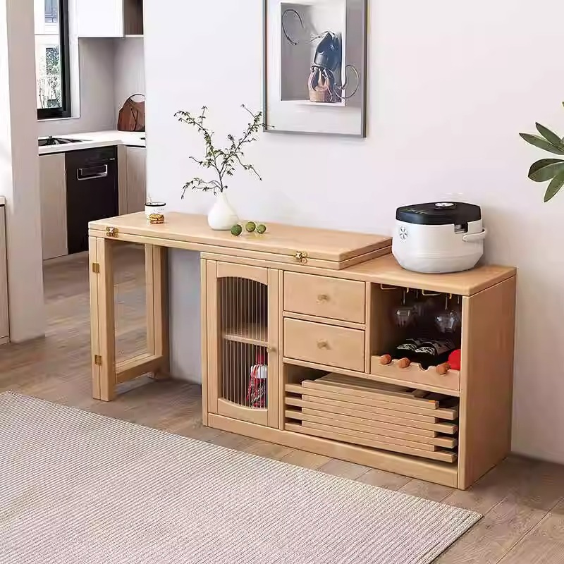 1.2M Solid Wood Folding Dining Table and Chair Integrated Dining Side Cabinet Rubber Wood Multifunctional Tea Cabinet Small Apartment Living Room Wine Cabinet