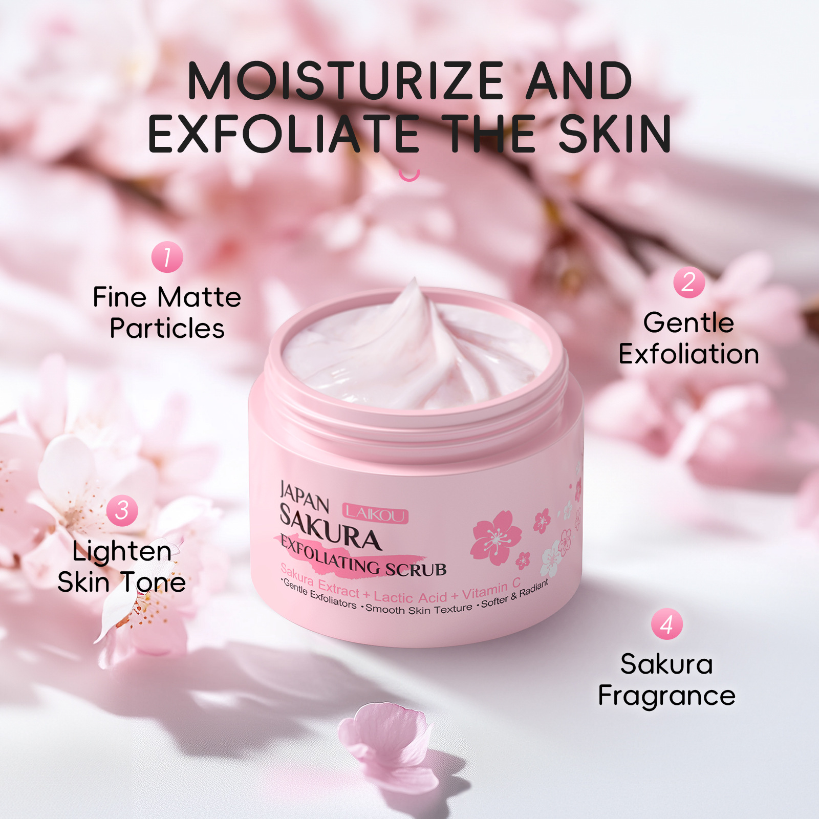 Cross-Border New Product Laikou Sakura Scrub 25g Cleansing and Moisturizing Full English Packaging Cross-Border Supply Manufacturer