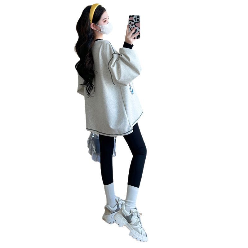 Spring Clothing Korean Style Pregnant Women's Fashionable Age-reducing Lazy Cotton Sweat plus size All-match Printed Graffiti Pregnant Women's Fashionable Top