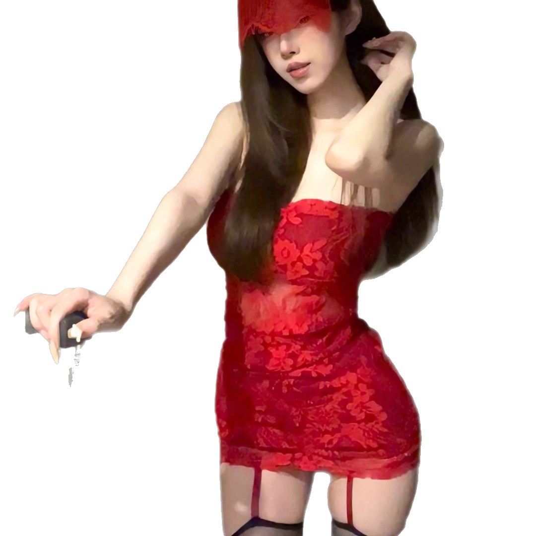 Christmas Outfit Sexy Hot Girl Red Pure Lust Style Lace Tube Top Bodycon Skirt Cosplay Bunny Girl Costume