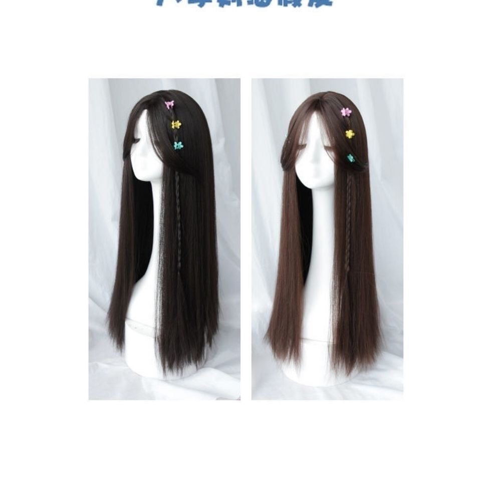 Wig women's long hair eight bangs fluffy natural round face full head realistic long straight hair wig set Wholesale