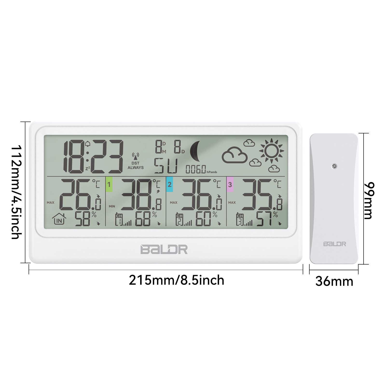 BALDR three-channel wireless temperature and humidity meter alarm clock moon phase pressure and other functions