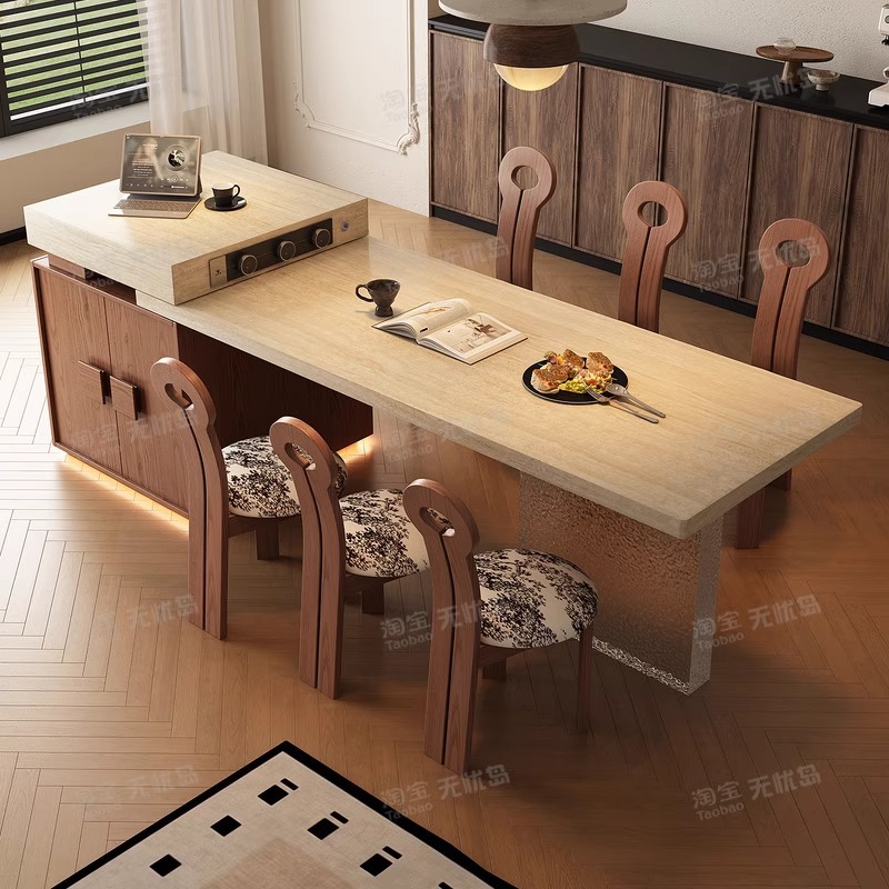 Medieval Style Island Table Integrated Dining Table for Home Retractable High-Grade Travertine Slate Guide Table Kitchen Open Counter