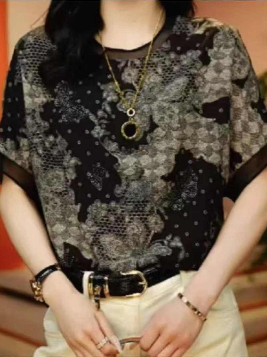 Spring and Summer New European Women's Top Base Shirt High-end Fashion Stylish 5D Three-dimensional Printed Pullover