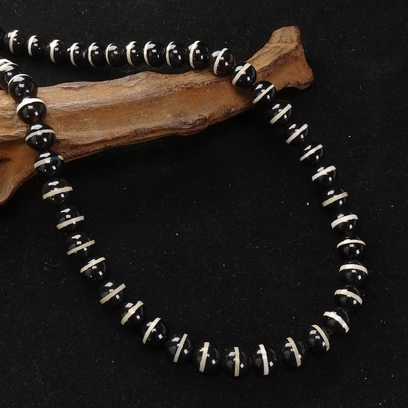 Black and White Xizang Natural Agate Single-Line Dzilu Dzi Bead Bracelet Necklace Loose Spacer Beads 8*8mm Collectible Grade