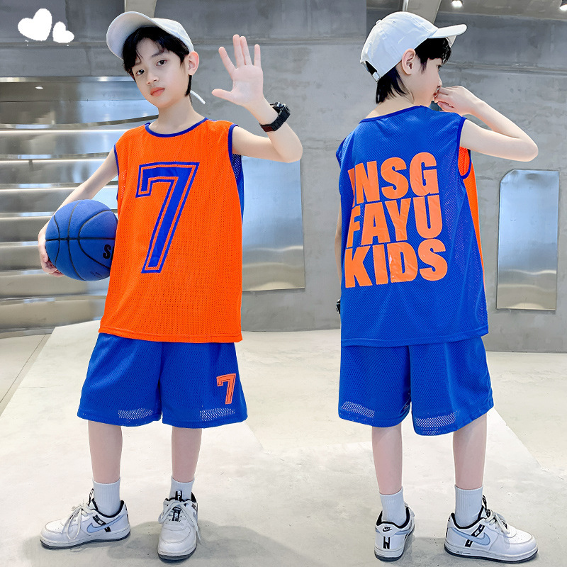 Boys Summer Suit Jersey Handsome Sports Internet Celebrity Middle and Large Kidsren Sleeveless Vest Quick-Drying Summer Kidsren's Basketball Uniform