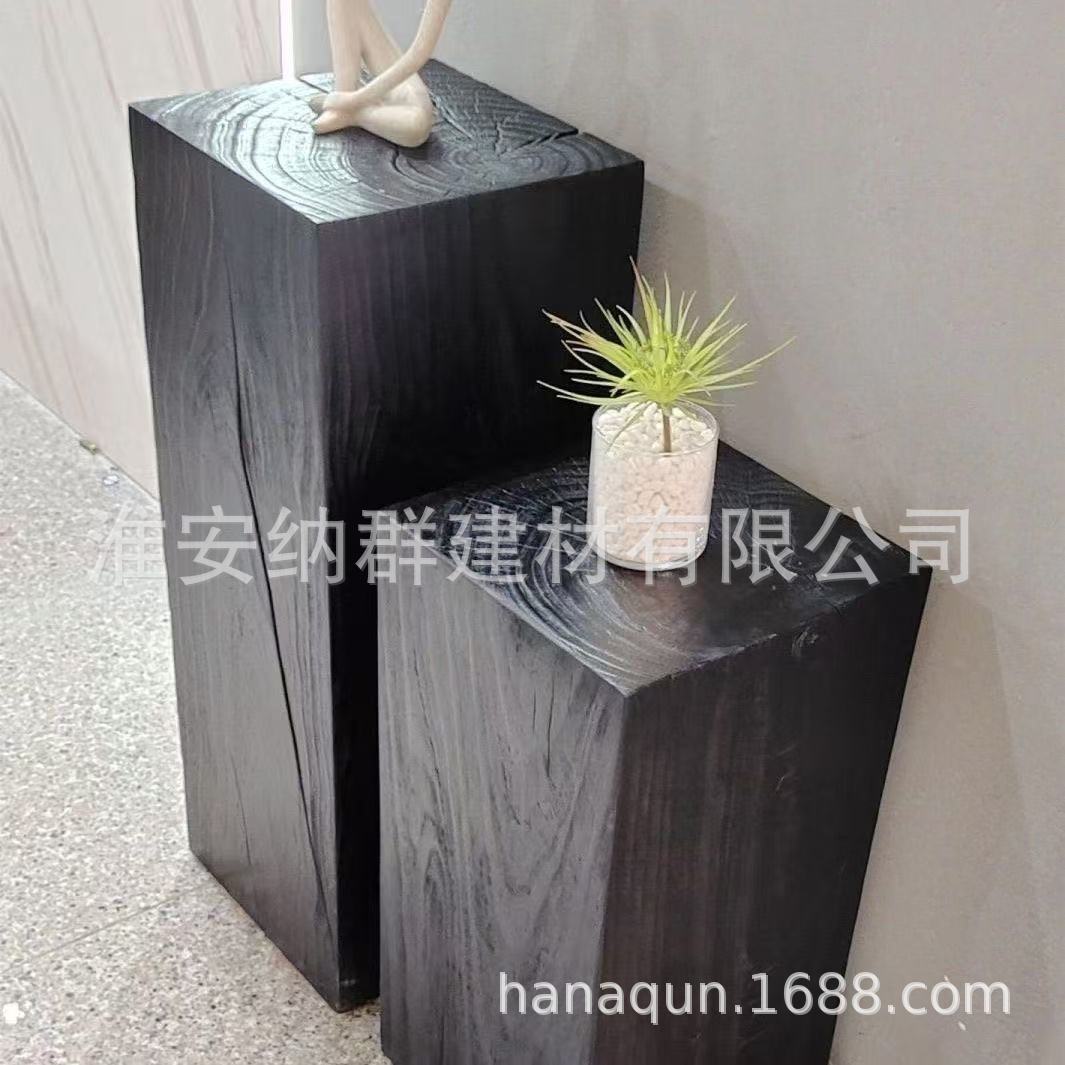 Wabi-Sabi Style Carbonized Square Wooden Pedestal Column Furniture Solid Wood Base Ornament Side Table Root Carving Carbonized Wood