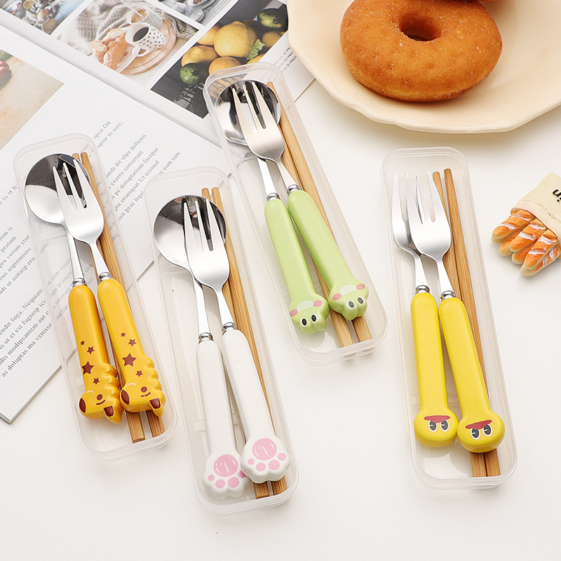 Cute Three-Piece Storage Box Set Spoon Fork Chopsticks Cartoon Stainless Steel Tableware for Children and Students with Good Looks