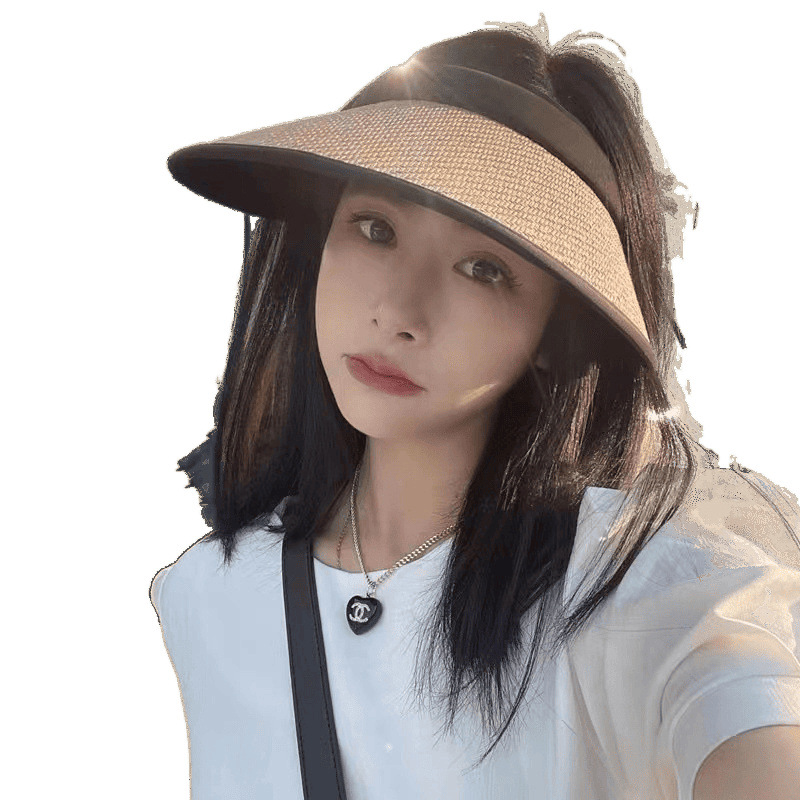 Sun Hat with Open Top, Woven Summer Straw Sunshade, Black Plastic Hat, Korean Style Large Brim Women's Straw Hat, Fashionable Headband Sun Hat