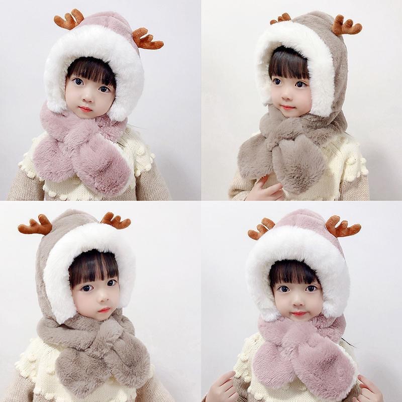 New Winter Kidsren's Hat and Scarf All-In-One Warm and Versatile Plush Cute Baby Antler Ear Protection Hat for Boys and Girls