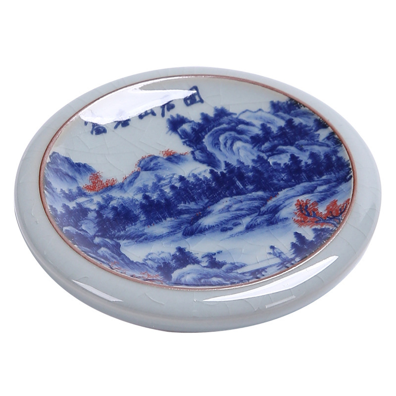 Old Pottery Mud Tea Cup Holder Heat Insulation Mat Old Pottery Mud Cover Set Hand-painted Blue and Flower Cup Mat Ceramic Landscape Tea Play Small Ornaments