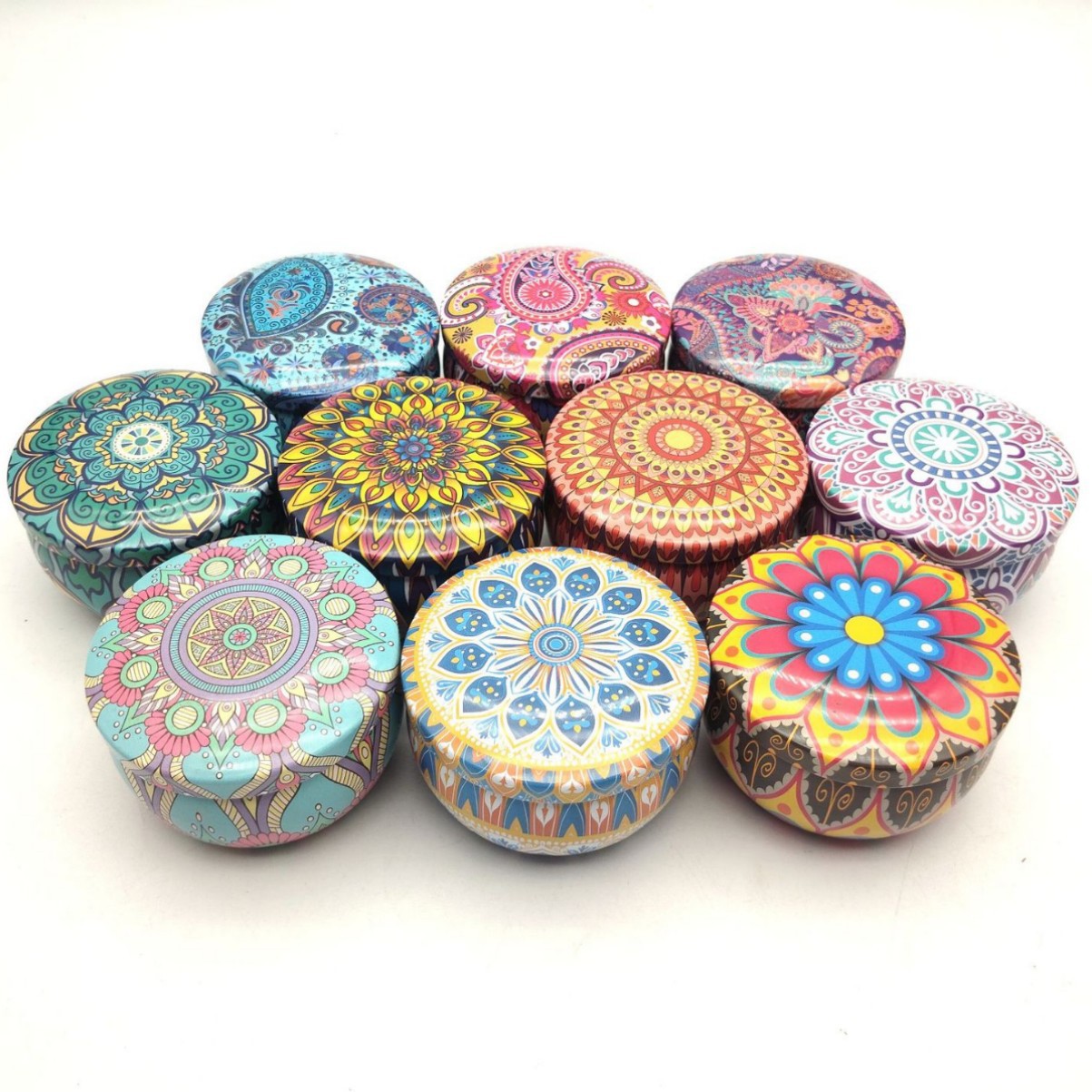 2.2oz Amazon Cross-border Retro Tinplate Ethnic Style Mandala Aromatherapy Candle Jar Box Pear Cream Candy