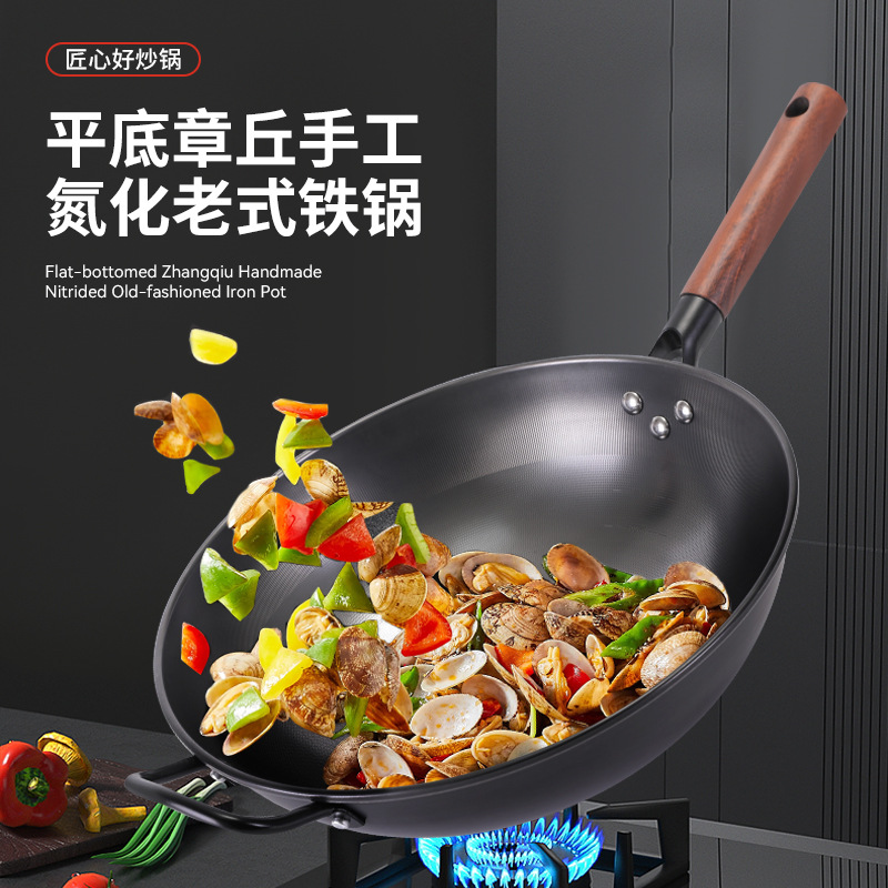 Оптовая продажа нитридного старомодного чугунного горшка с открытым плоским дном, ручная работа, не покрытая антипригарная кастрюля, кастрюля из нержавеющей стали