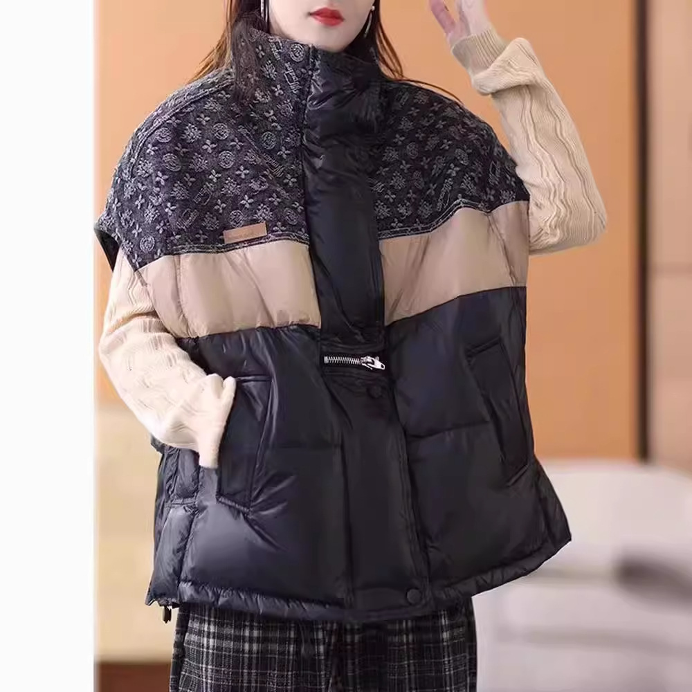 Пуховик-жилет с контрастным воротником, короткий зимний, свободный, модный, универсальный, из белого утиного пуха