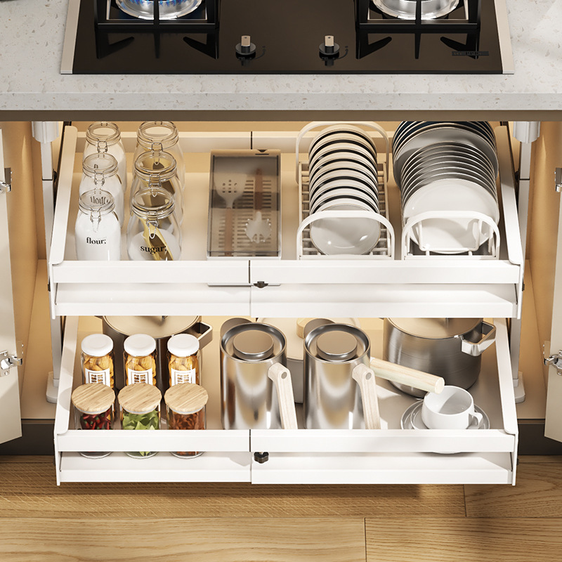 No Punching Kitchen Cabinet Dish Storage Rack Telescopic Built-In Homemade Drawer Layered Pull-Out Basket