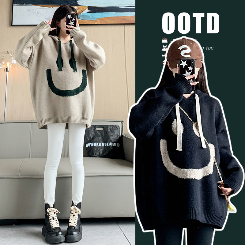 Autumn New Arrival Lazy Style All-Match Smiley Face Hooded Sweater Maternity Dress