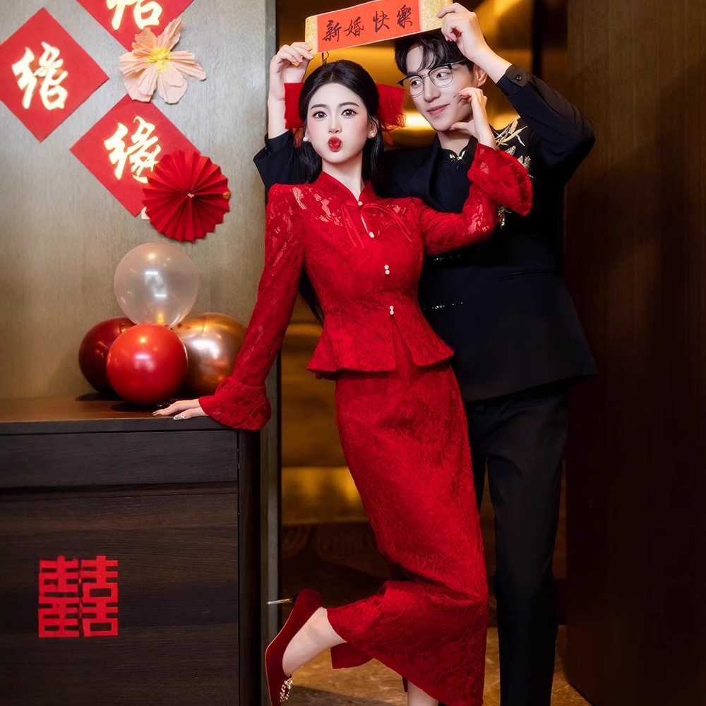 Cheongsam Toast Dress Bride Red Engagement Dress Dress New Chinoiserie Wedding Dress Suit Long-Sleeved Dress for Women