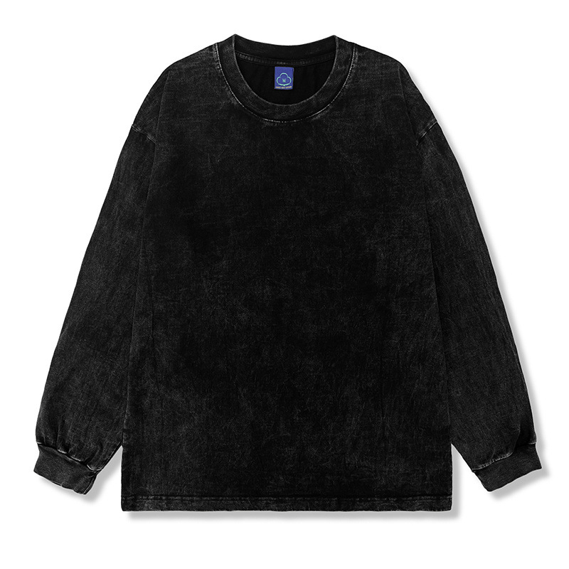 260g cross-border autumn and winter solid color tide brand washed thread beam high street loose old cotton long sleeve t-shirt for men and women