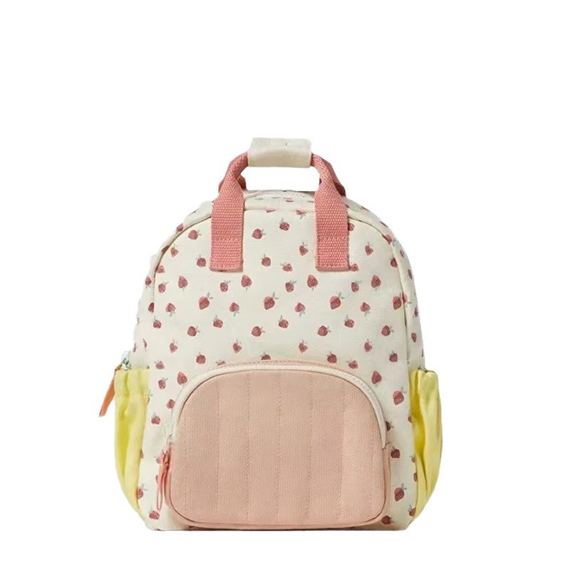 New Cotton Canvas Dopamine Strawberry Print Colorblock Cute Children Backpack Schoolbag