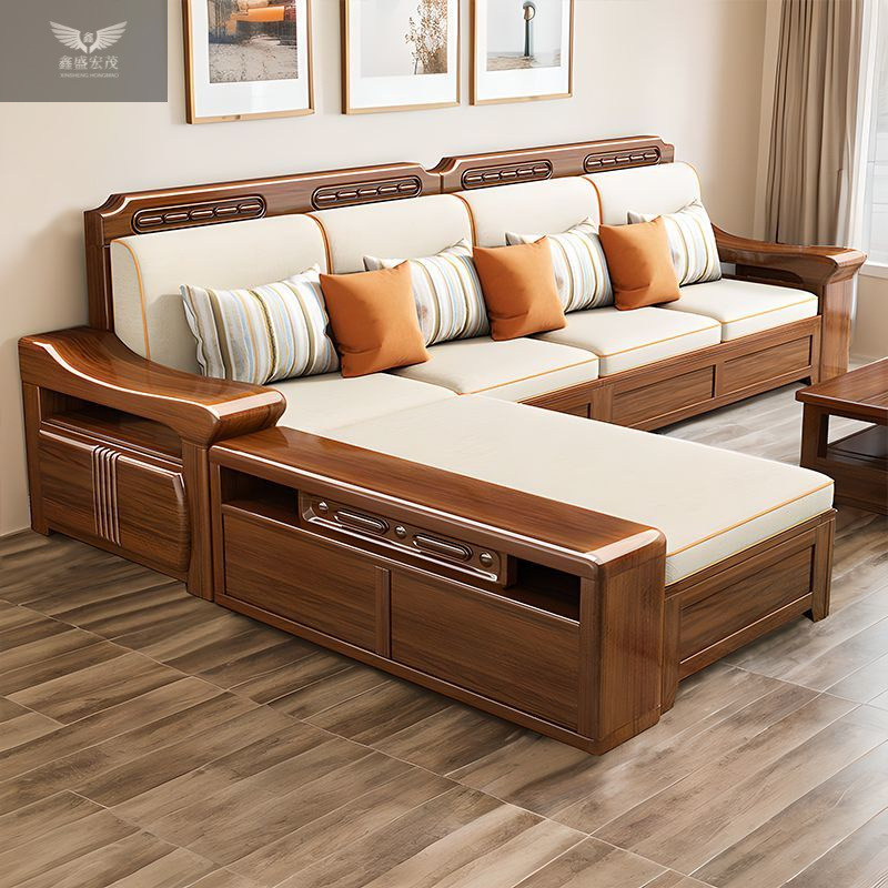 New Chinese Style Living Room Complete Set of Solid Wood Sofa, Walnut Wood for Large and Small Sizes, Suitable for Both Winter and Summer, Elegant Solid Wood Storage Sofa