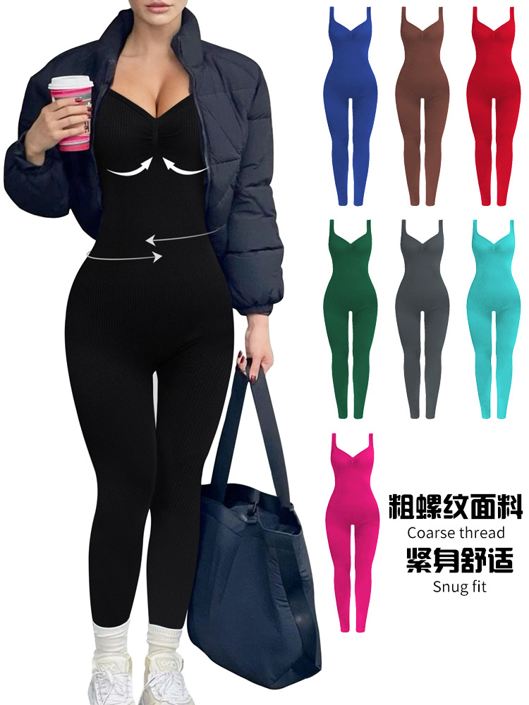 Комбинезон с V-образным вырезом и открытой спиной, фиксированные двойные плечевые лямки, бесшовный, поднимающий ягодицы йога-костюм