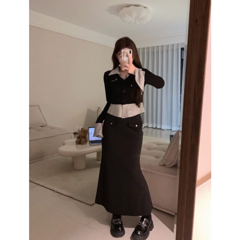 Костюм с длинным рукавом в корейском стиле для женщин, осень, новый, колледж, юбка с хвостом, двухкомпонентный набор