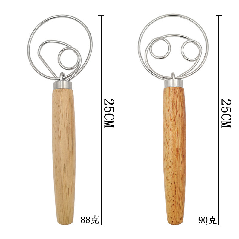 Wooden Handle Powder Mixer, Danish Dough Mixing Stick, Manual Stainless Steel Egg Beater and Dough Mixer
