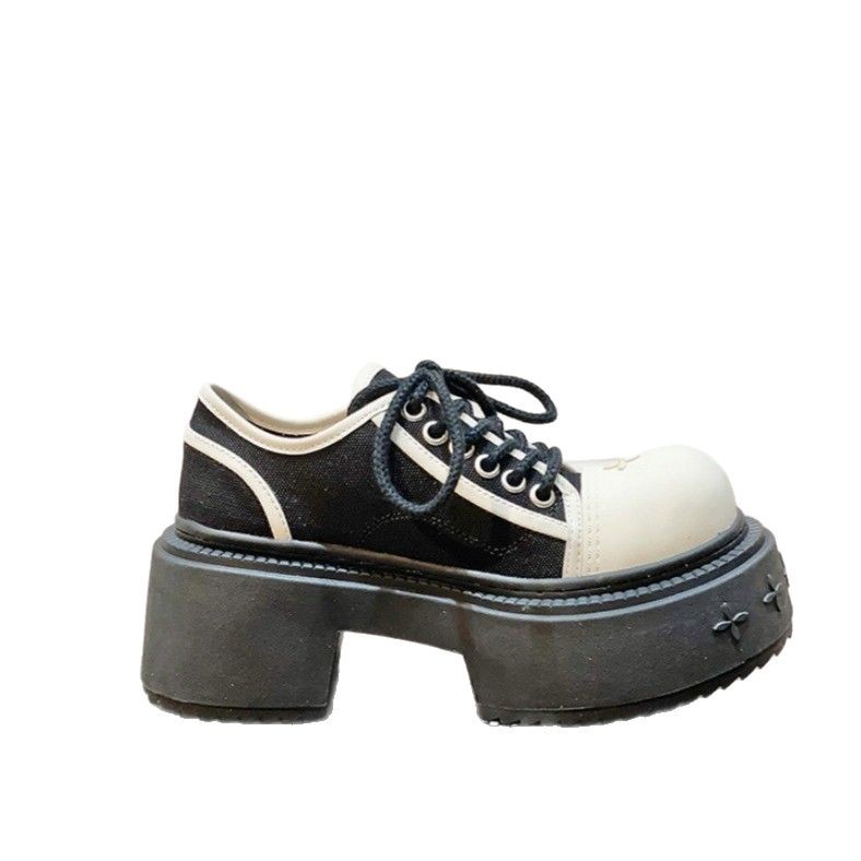 High Version Derby Shoes Cruciferous Vintage Genuine Leather Platform Shoes Casual Trendy Brand Increased Color-block Canvas Shoes for Women