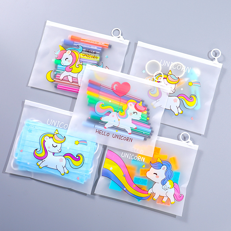 Cute Unicorn Cartoon File Storage Bag Simple Ring Zipper Bag Student Transparent Mask Storage File Bag