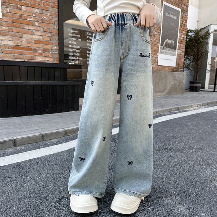 Girls' Jeans Spring and Autumn 2025 New Children's Western Style Straight Outer Wear Pants Big Children's Spring Loose Wide Leg Pants
