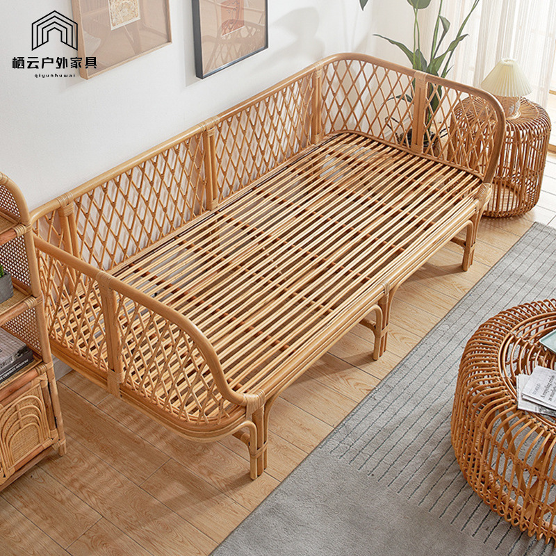 Hotel Homestay Natural Rattan Bed Three-person Double Real Rattan Sofa Bed Waterproof Sunscreen Leisure Sofa Bed Combination