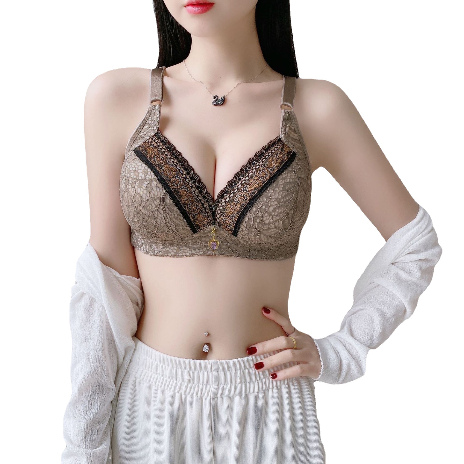 Lace Breast Lift Bra for Women, Push-Up Anti-Sagging, Wire-Free Thin Bra, Sexy Middle-Aged and Elderly Large Size Non-Magnetic Bra