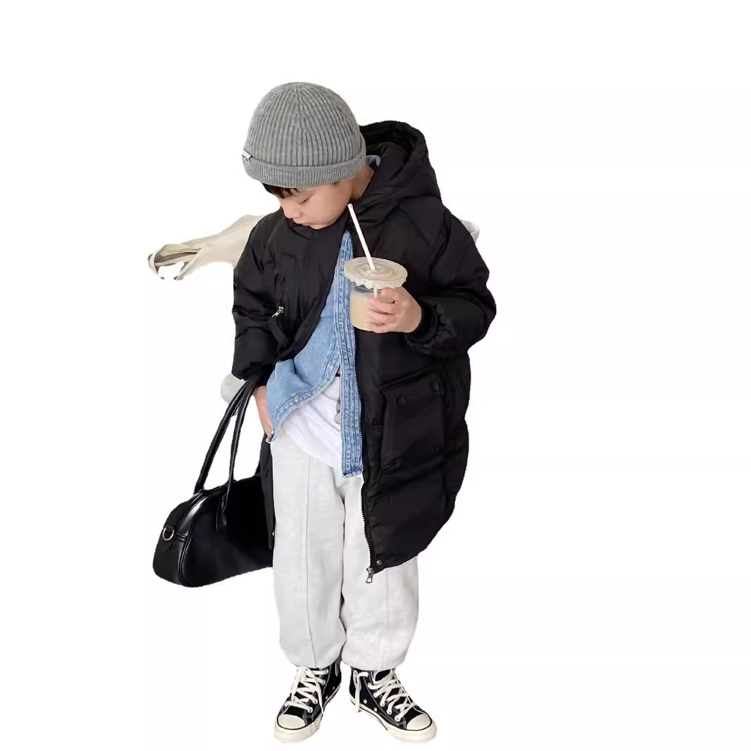 Children's Mid-Length down Jacket New Style Korean Style Hooded Winter down Jacket for Boys and Girls, Middle and Large Kidsren
