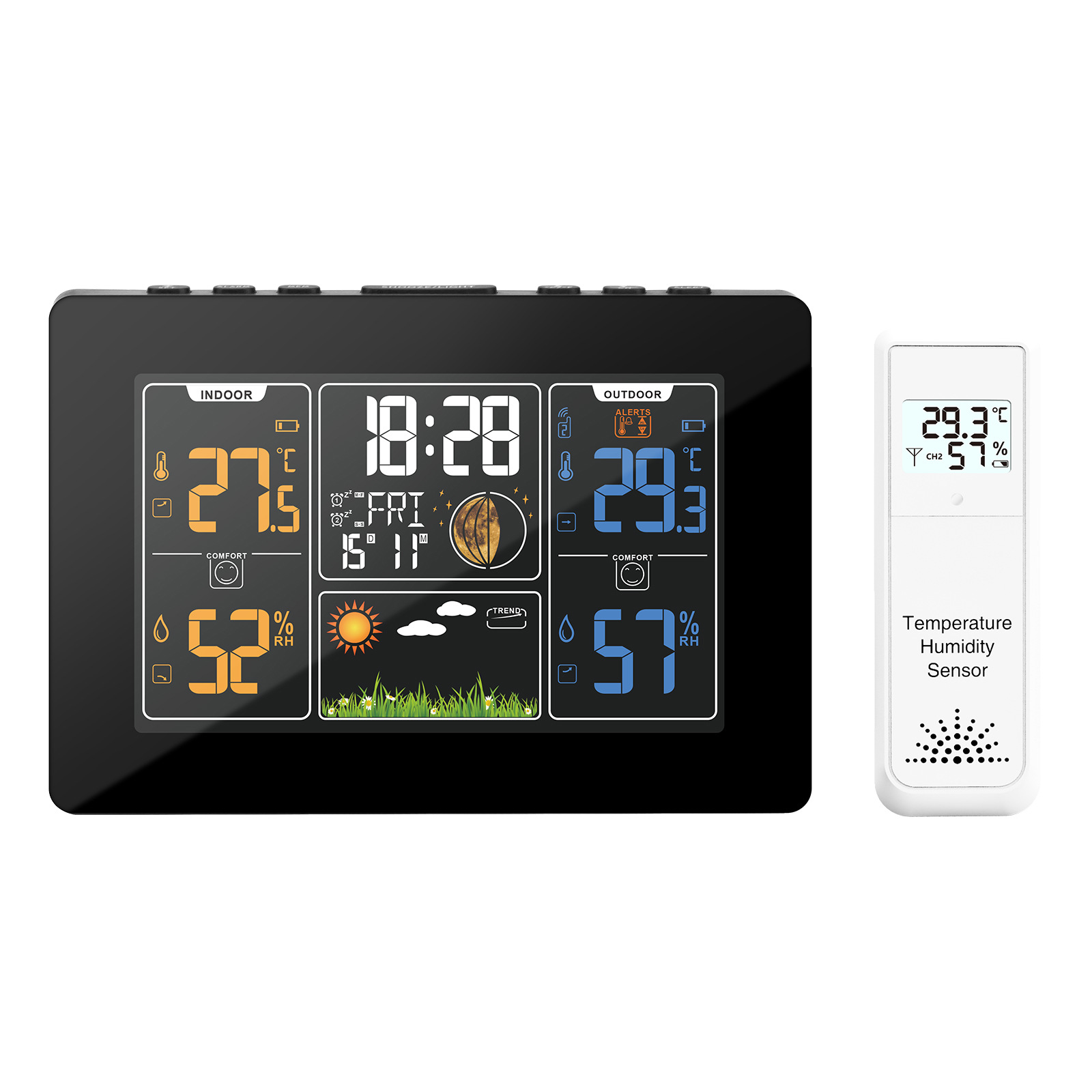 New Color Screen Wireless Weather Clock Pt201C Weather Forecast Alarm Clock Temperature and Humidity Meter Digital Clock Moon Phase Perpetual Calendar