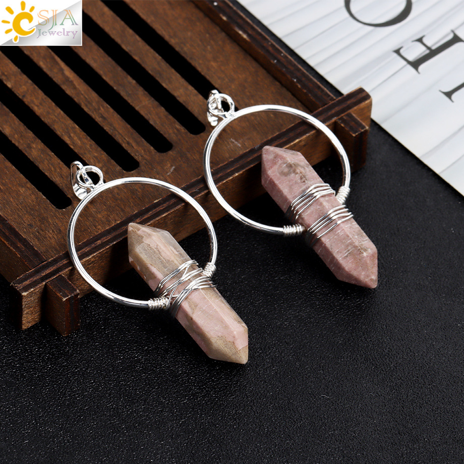 European and American Retro Red Copper Winding Round Pendant Natural Red Stripe Stone Crystal Hexagon Pillar Spirit Pendulum DIY Jewelry Accessories