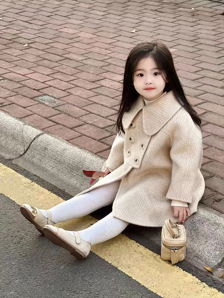 Korean Style Children's Clothing New Girls' Woolen Outwear Autumn and Winter Style Doll Collar Mid-Length Woolen Outwear for Children and Middle-Aged Children