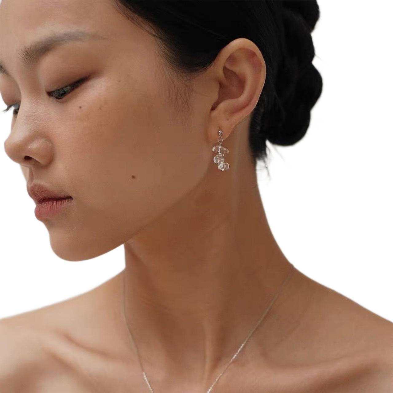 S925 Silver Natural Shaped White Crystal Earrings Summer Ice Air Sense Korean Style All-match Daily Niche Style