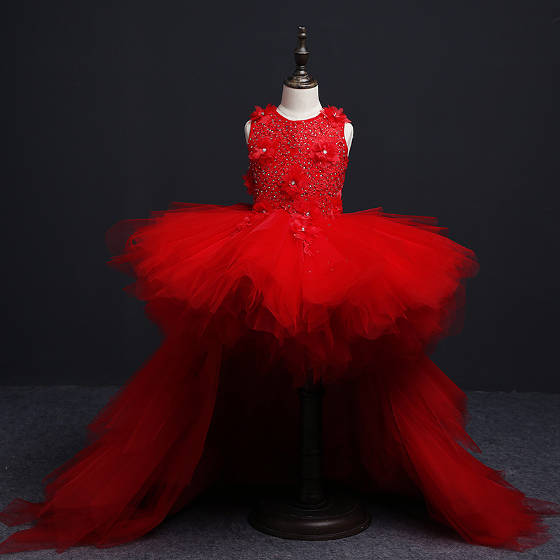 Girls' Evening Dress Princess Dress Grey Model Trailing Wedding Dress Tutu Dress Children's Piano Costume Host