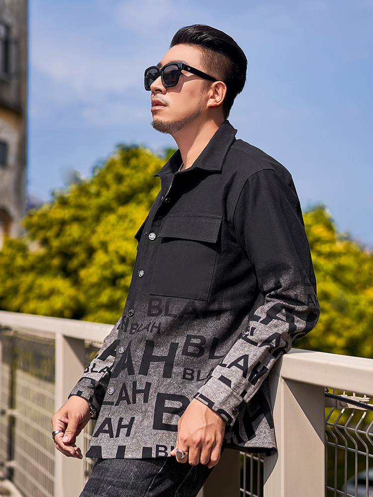 [Gradient Denim Jacket] Plus Size Men's Trendy Shirt Washed Single-Breasted Lapel Plus Fat Loose Jacket for Men