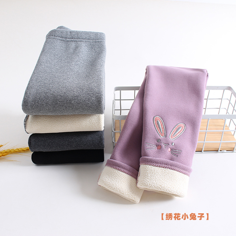 Winter Girls' Fleece-Lined Thick Leggings Pure Cotton Children's Autumn and Winter Pants Cartoon Rabbit Embroidery Baby Long Pants