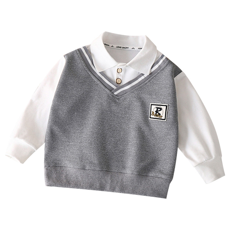Boys' Polo Collar Sweatshirt Autumn New British Style Fake Two-Piece Versatile Fashion for Older Children