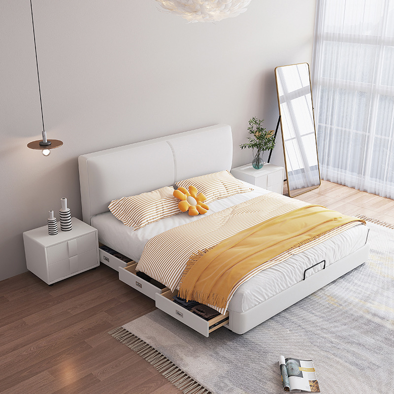 Wholesale small apartment leather bed modern simple floor storage drawer type master bed Italian minimalist soft double