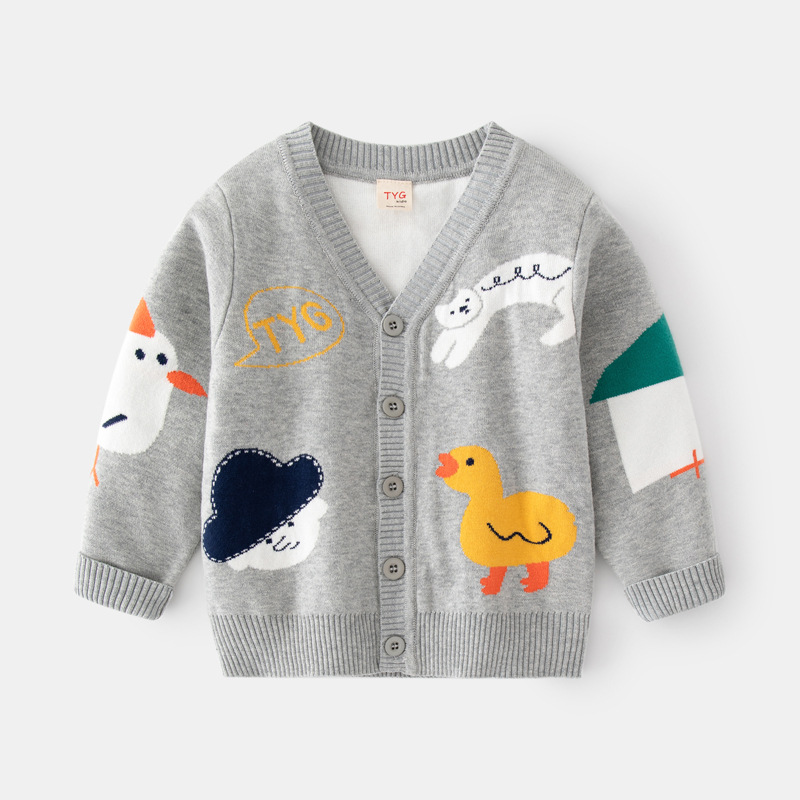 2025 Autumn New Children's Clothing Boys' Double-Layer Cotton Cardigan Sweater Small and Medium-Sized Children's Cartoon Jacquard Woolen Jacket