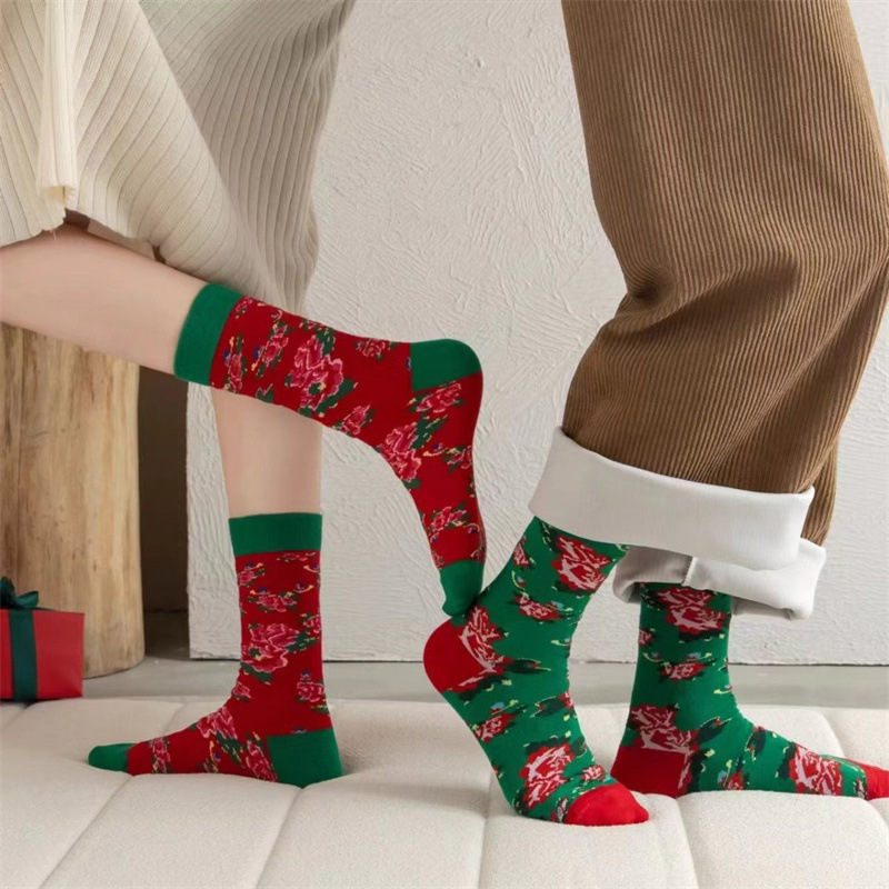 Northeast Big Flower Zodiac Year Red Socks Women's Socks Autumn and Winter Long Socks Long Tube Socks Men's Wedding Couple Red Gift