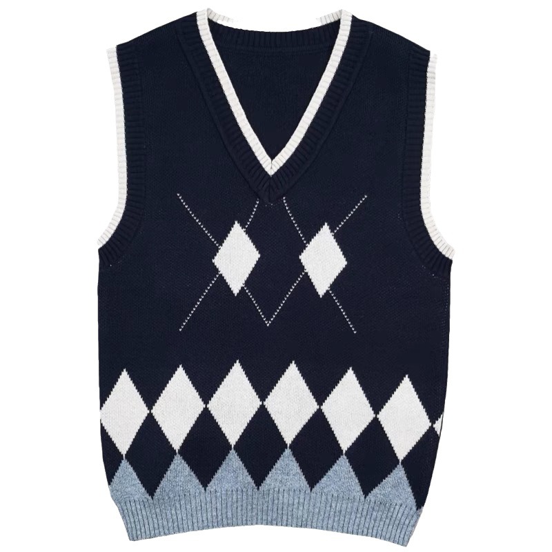 Primary and Middle School Students V-Neck Knitted Vest British College Style School Uniform Sweater for Boys and Girls Diamond Vest Shoulder Waistcoat Class Clothes
