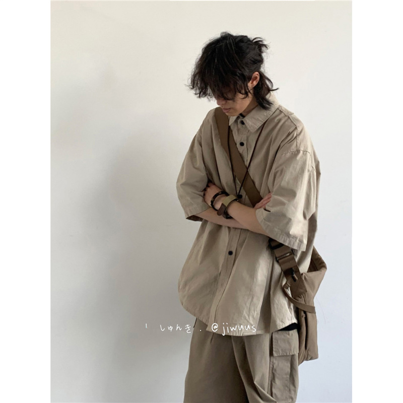 Jiwuus Summer Japanese Retro Tooling Short-sleeved Shirt All-match Loose Lazy Style Large Size Shirt for Men and Women Students