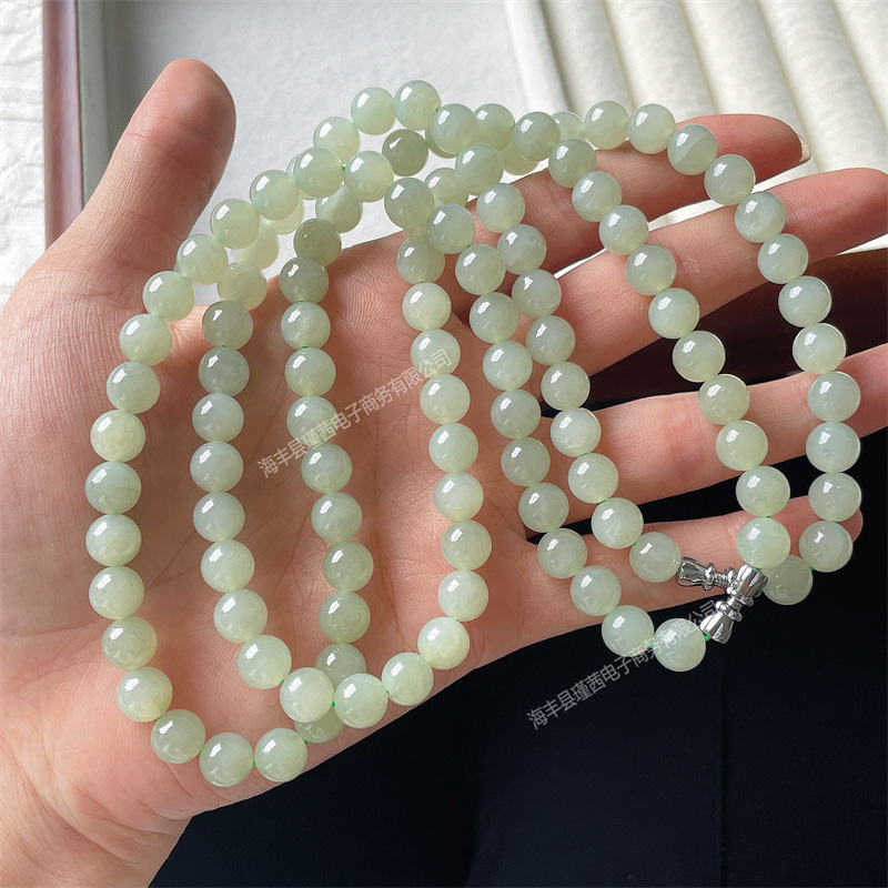 Wholesale natural Hetian jade Qingshui Cuiqing mother chain bracelet round beads DIY beaded material necklace live goods