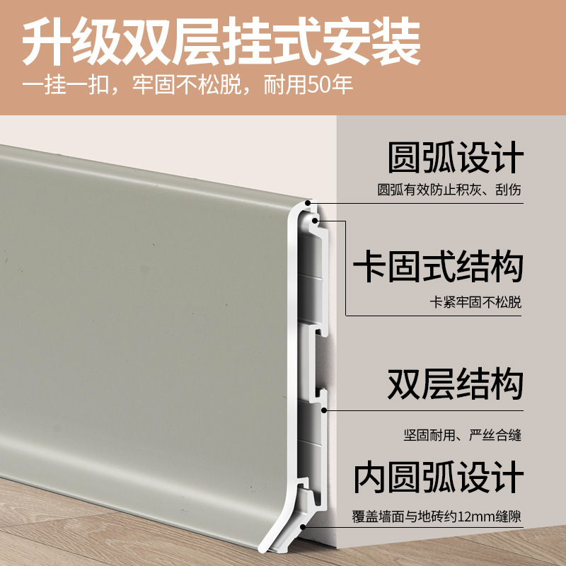 Aluminum alloy skirting line double-layer snap-in type 4/6/8cm sticker line extremely narrow curved metal stainless steel foot line